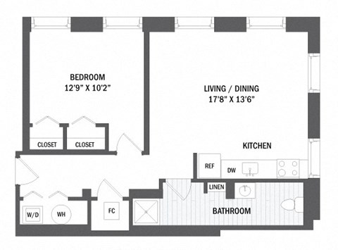 Floor plan for 1 bed, 1 bath, 681 sqft